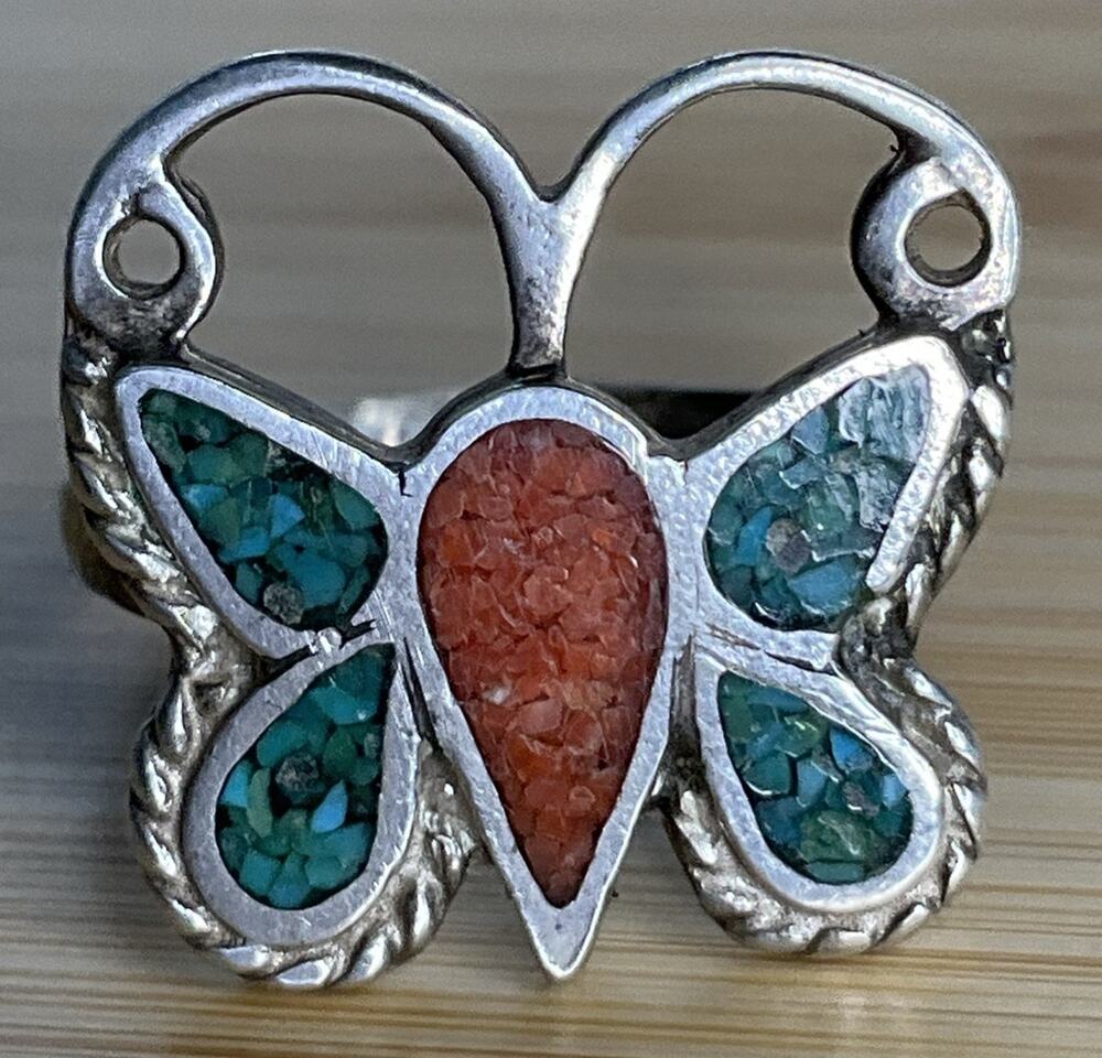 Vintage Sterling Silver Crushed Turquoise Native American Butterfly Ring Sz 5.5